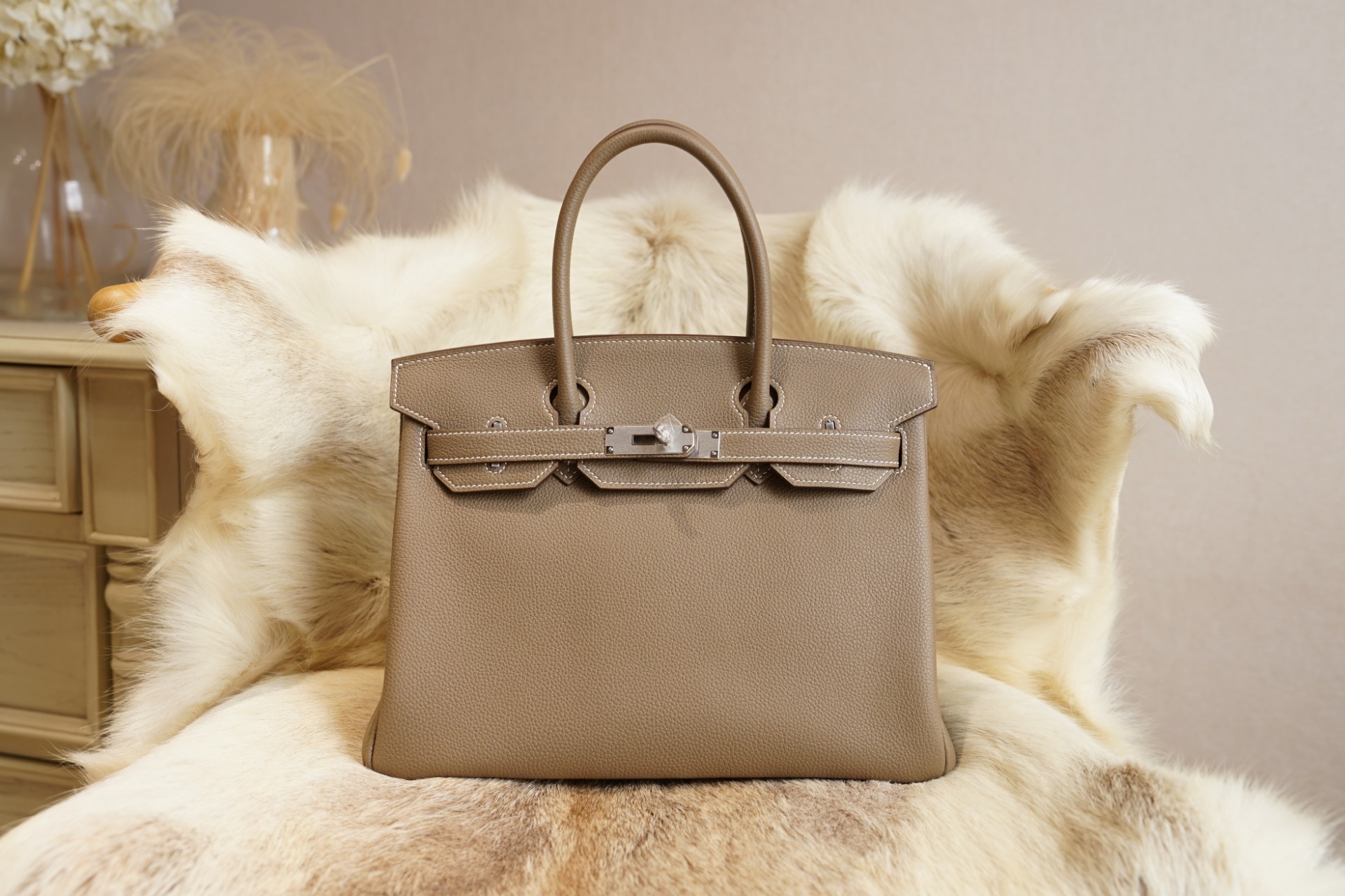 Hermes Birkin 30cm Togo Leather Palladium Hardware, CK18 Etoupe